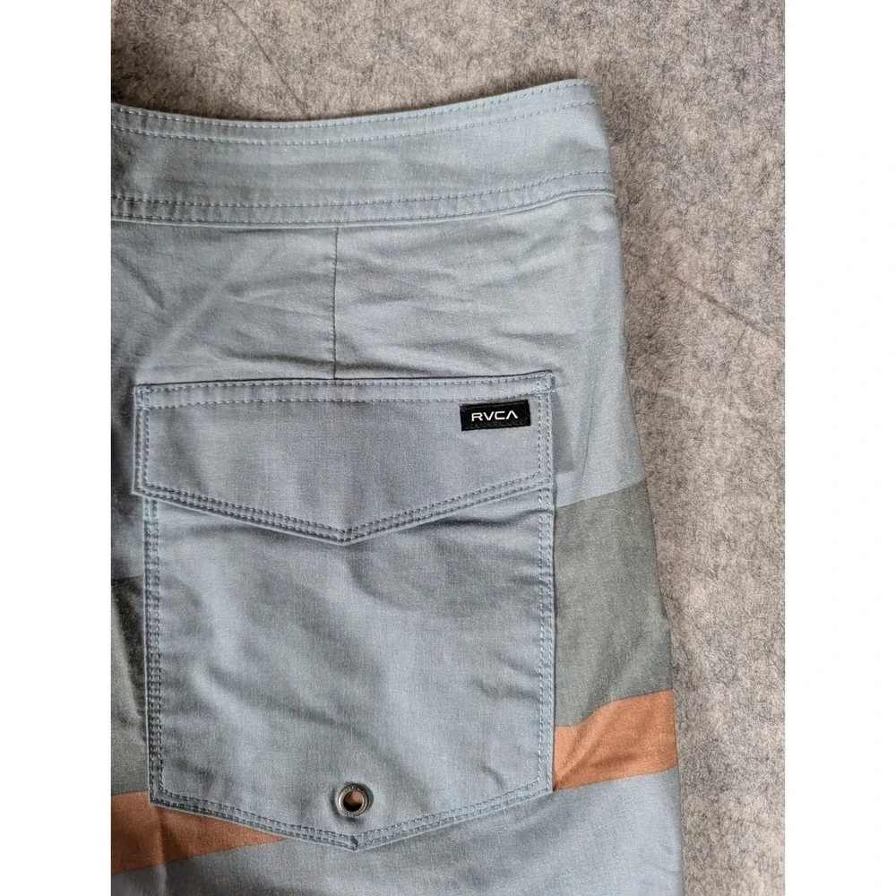 RVCA Mens Striped 17 Inch Short Length 2-Way Stretch Board Shorts Blue/Gray/Org
